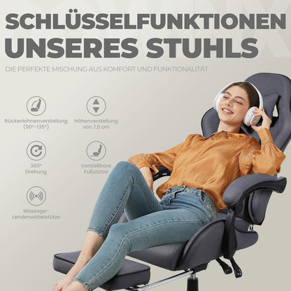 Gaming Stuhl Bürostuhl mit Fußstütze, Kopfstütze und