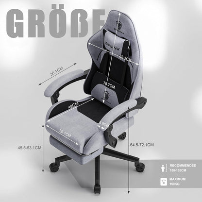 Gaming Stuhl mit Massage-Funktion und Fußstütze, Schwarz Grau