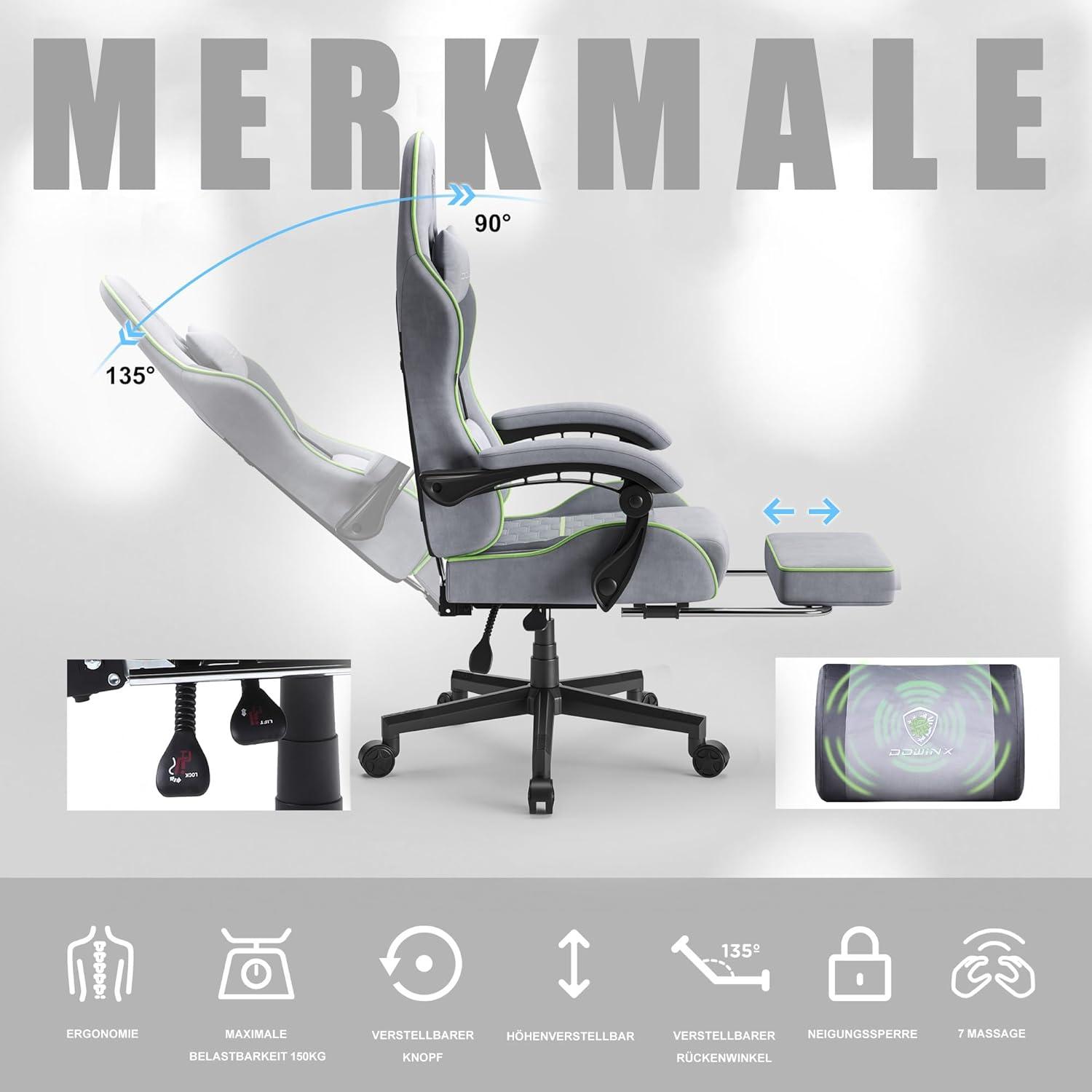 Dowinx Gaming Stuhl Bürostuhl Massage Stoff Kopfstütze Fußstütze - Grau und Grün
