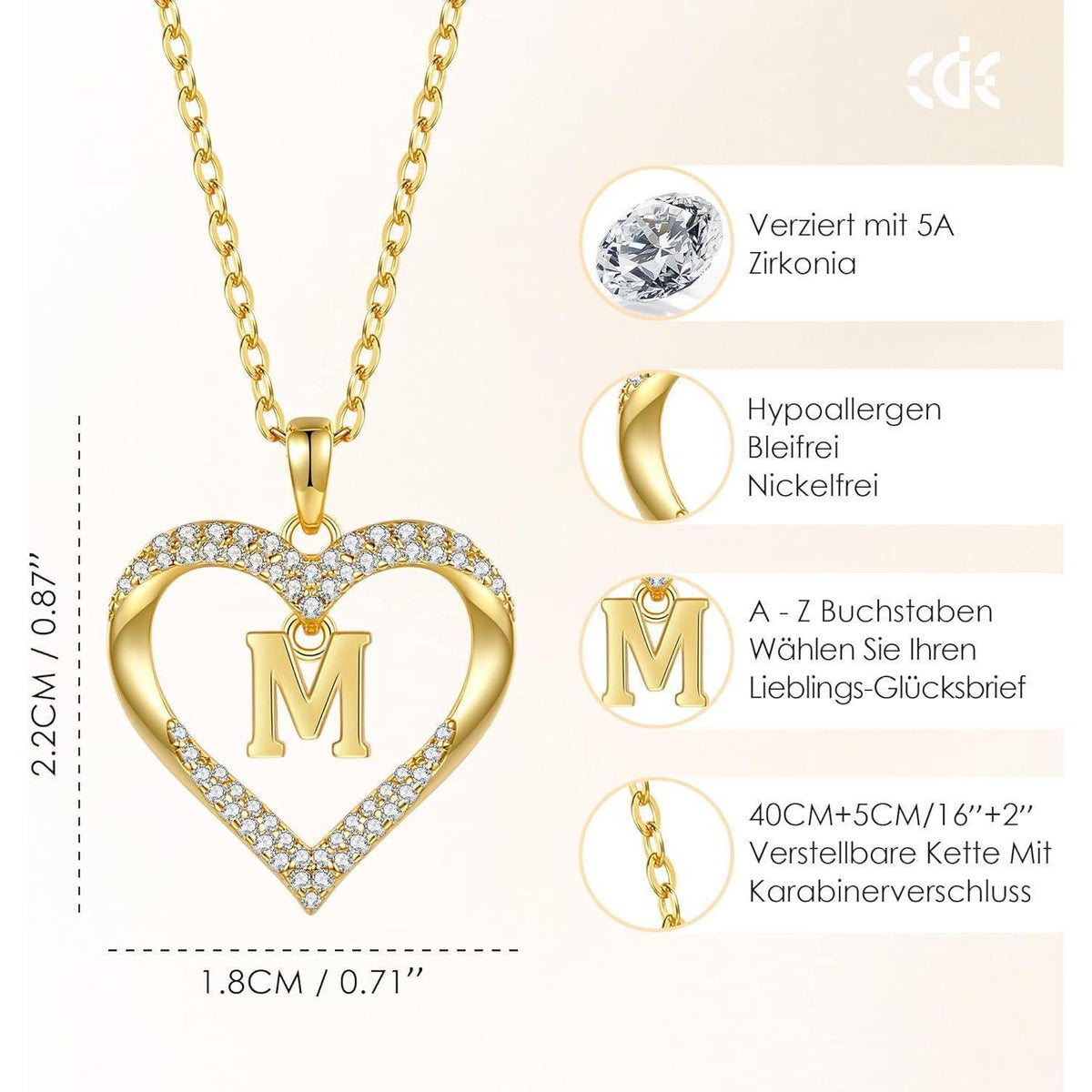 Initialen Halskette Damen 18K Vergoldet Herz Anhänger Buchstabe A-Z