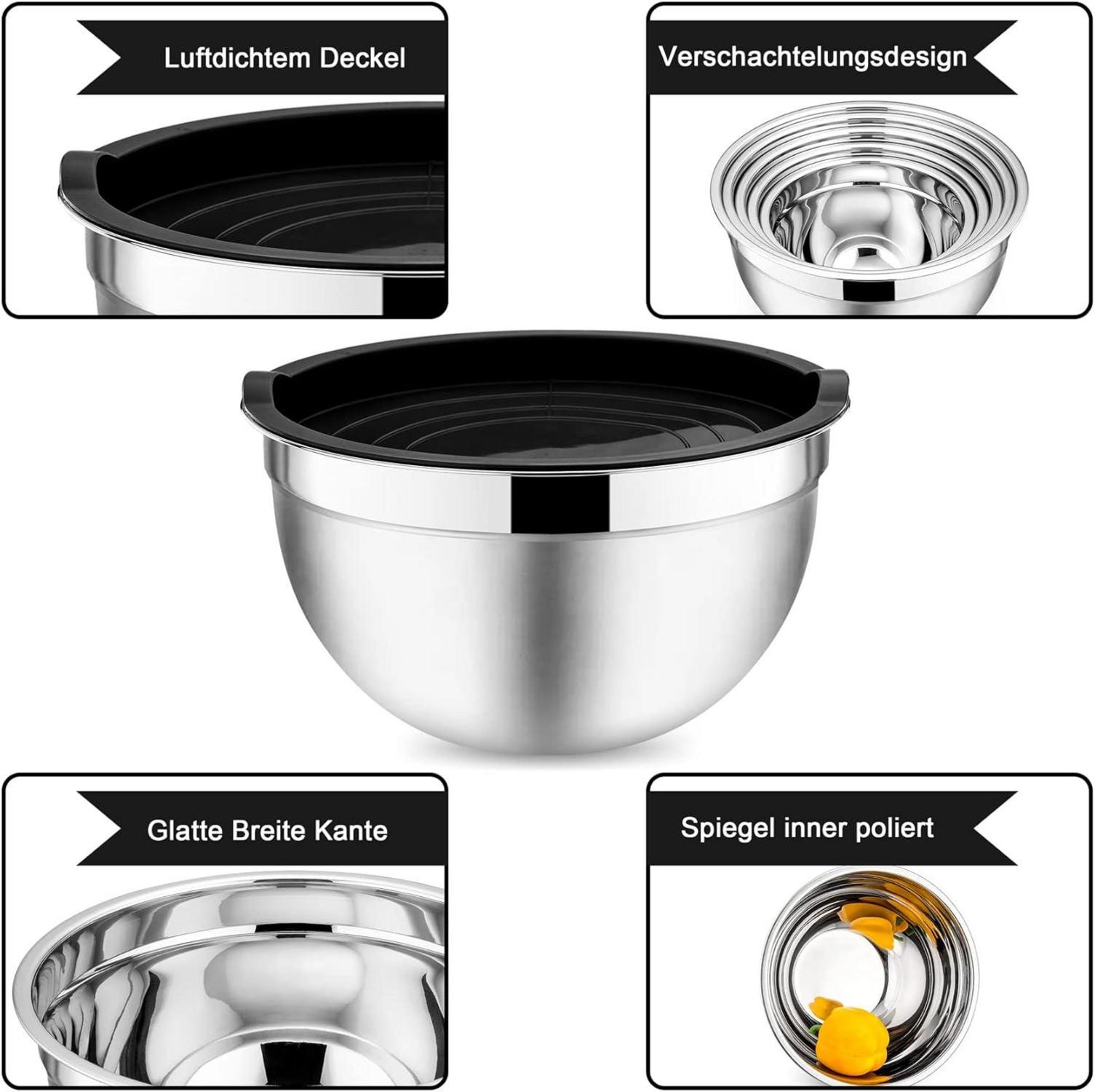 Edelstahl Rührschüssel Set Luftdichtem Deckel 5-Teilig - Schwarz