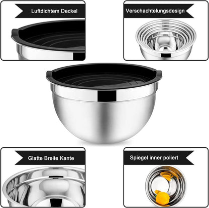 Edelstahl Rührschüssel Set Luftdichtem Deckel 5-Teilig - Schwarz