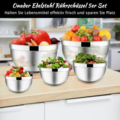 5-teiliges Edelstahl Salatschüssel Set mit Deckel 4.6/2.8/1.6/1.2/0.7L - Schwarz
