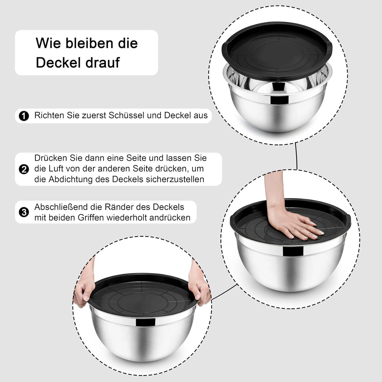 5-teiliges Edelstahl Salatschüssel Set mit Deckel 4.6/2.8/1.6/1.2/0.7L - Schwarz