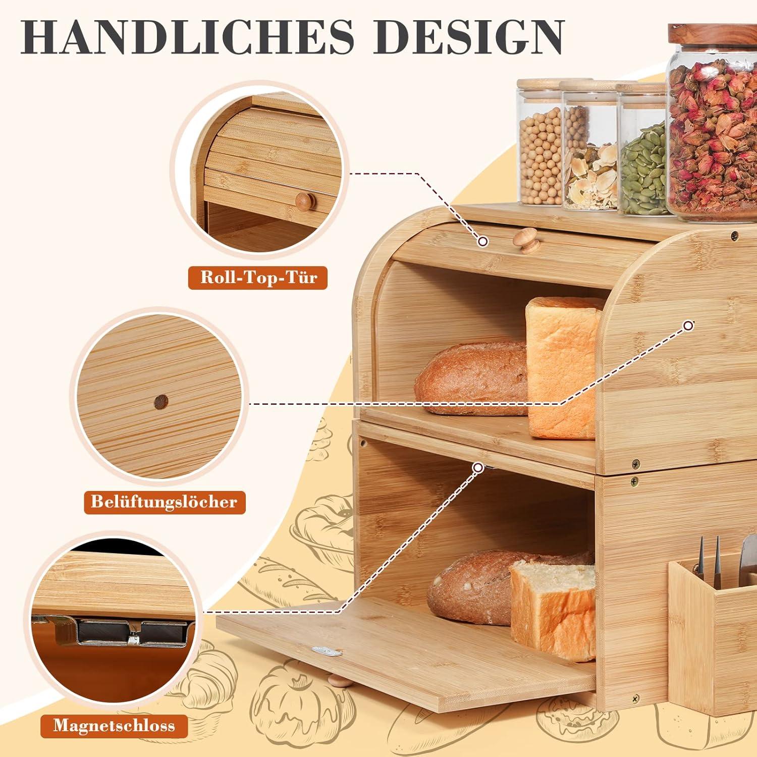 Retro Brotkasten aus Bambus und Holz mit Rolldeckel