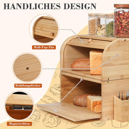 Retro Brotkasten aus Bambus und Holz mit Rolldeckel