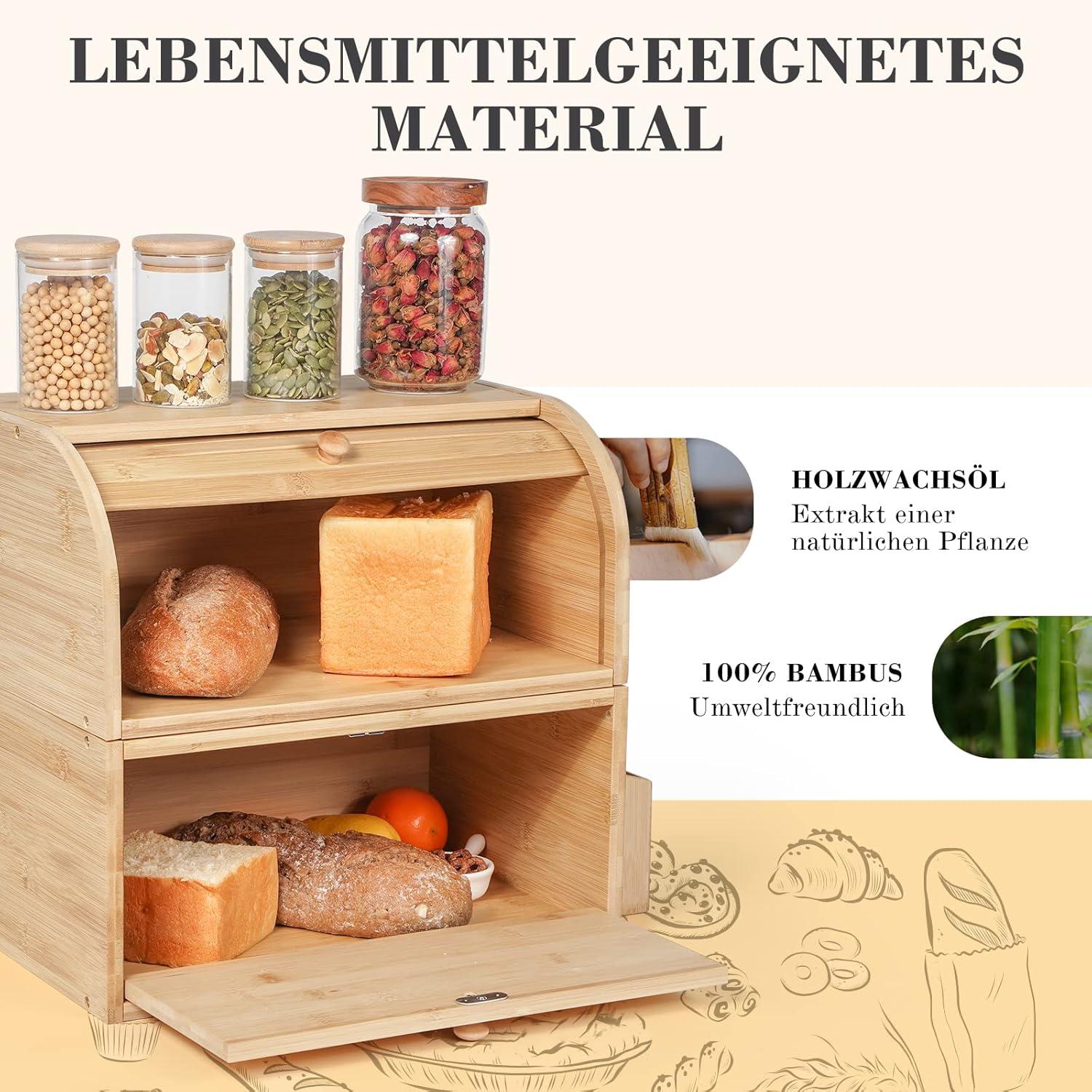Bambus Brotkasten Groß Retro Eco Doppellagig Stapelbar 38x25x36cm Holzfarbe