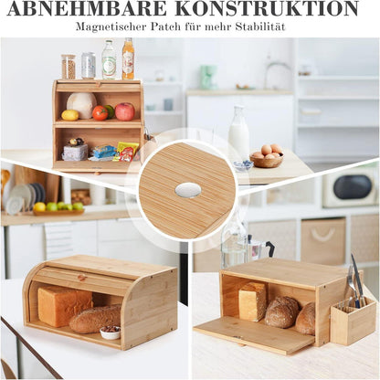 Brotkasten Holz Bambus Groß Retro Eco Doppellagig 38x25x36cm