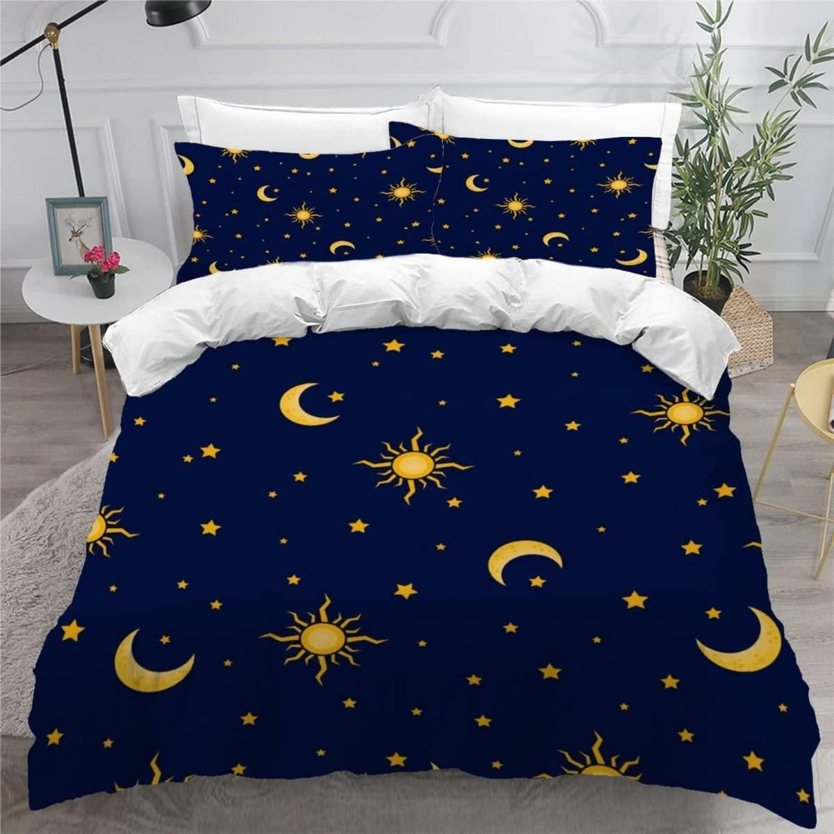 3D Sonnen Mond Sterne Bettwäsche-Set 200x200 cm Blau-Gold