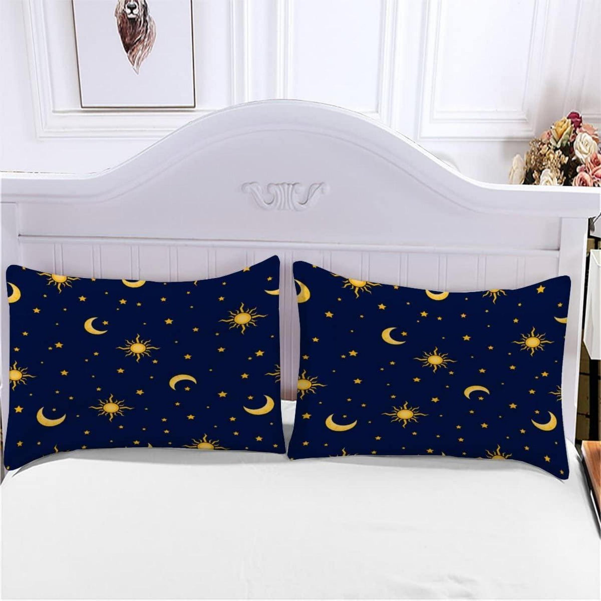 3D Sonnen Mond Sterne Bettwäsche-Set 200x200 cm Blau-Gold
