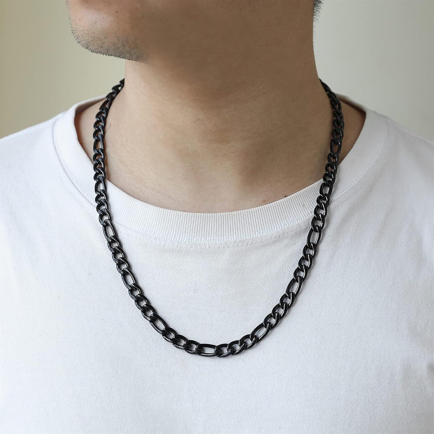 Herren Edelstahl Panzerkette 5mm Figaro-Halskette 45-90cm Silber/Schwarz