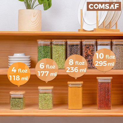 16 Gewürzdosen Glas Bambusdeckel luftdicht quadratisch 113 ml 275 Etiketten