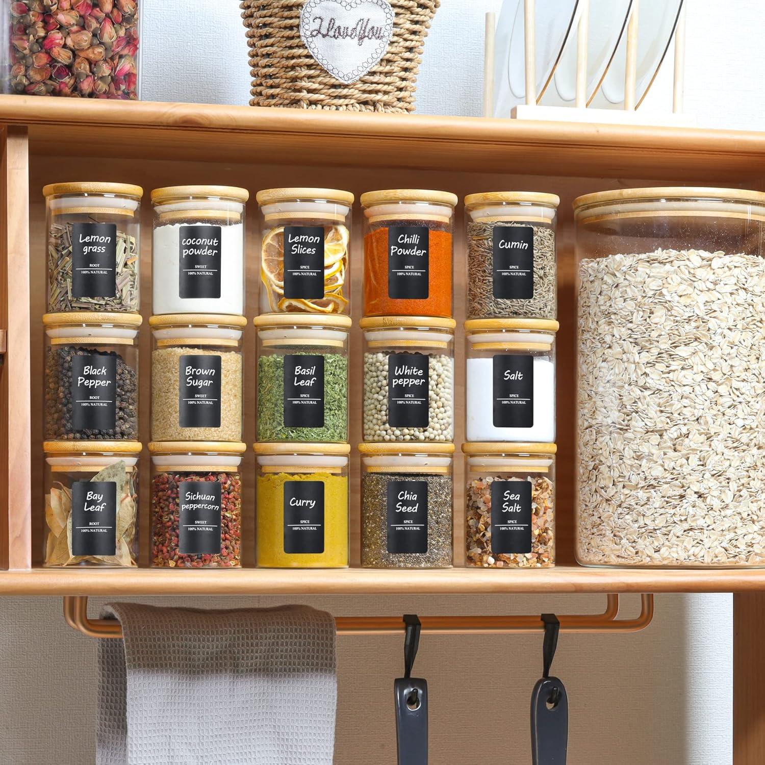 Gewürzgläser Set 16tlg. Bambusdeckel 250ml - mit Etiketten - Küche Badezimmer