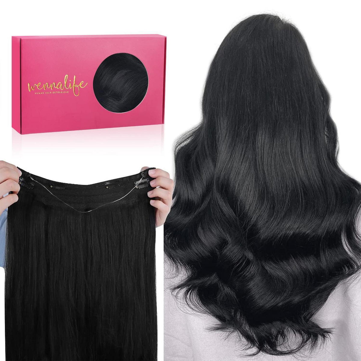 Echthaar Haarverlängerung Schwarz 50cm - Unsichtbare Draht Extensions