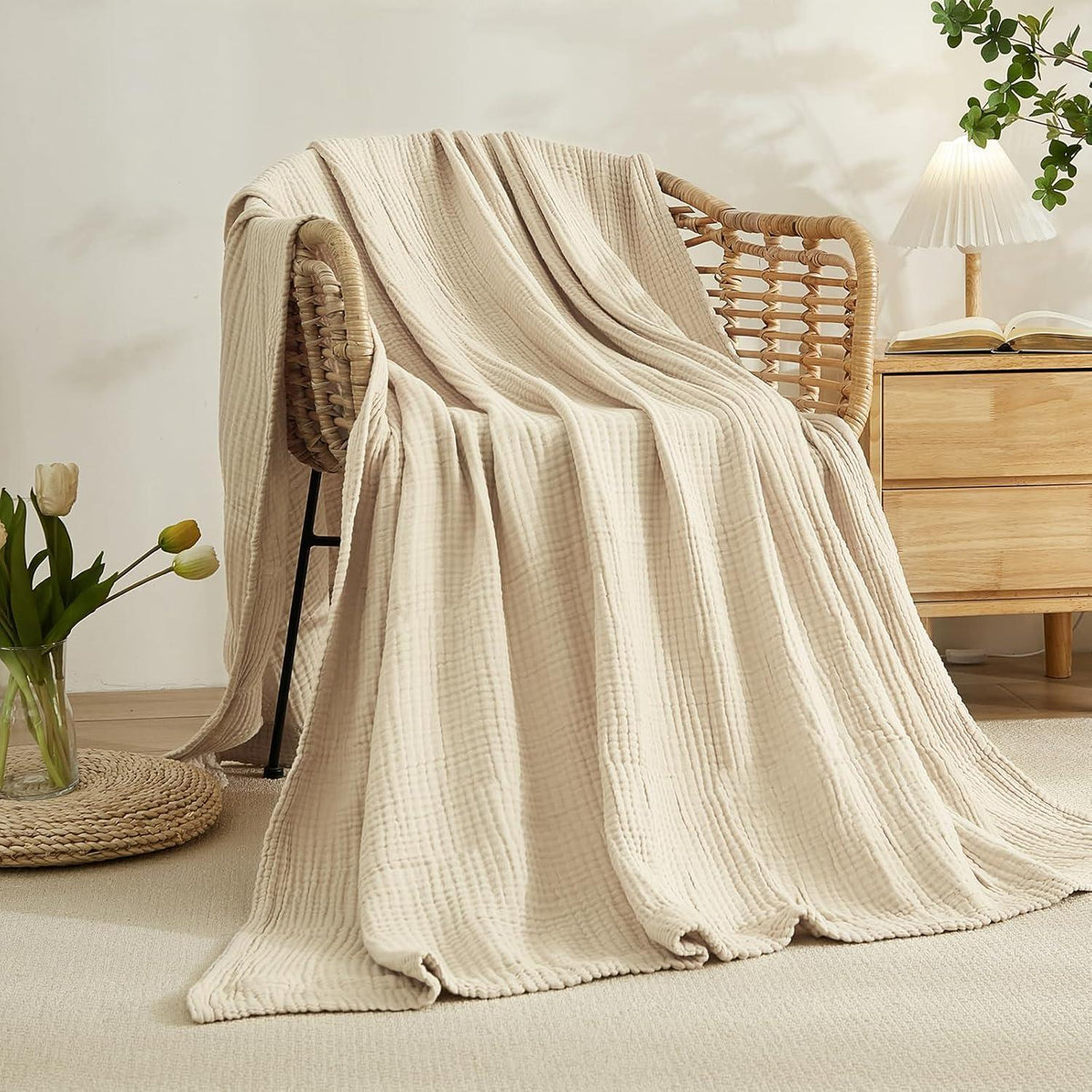 Musselin Baumwolldecke 230x230 cm, Beige, Atmungsaktiv & Weich