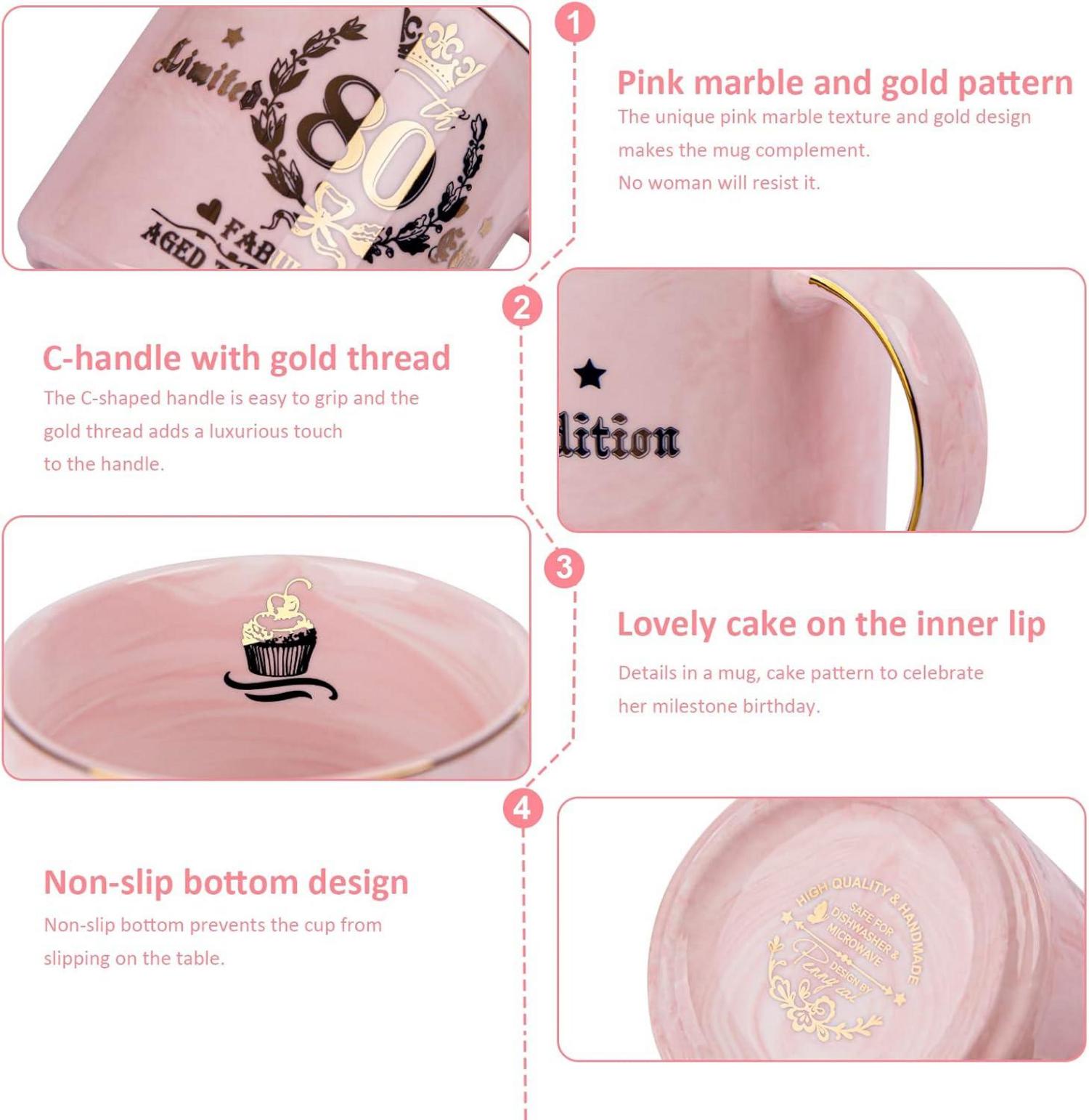 80. Geburtstag Kaffeetasse Goldmuster Rosa Geschenkbox