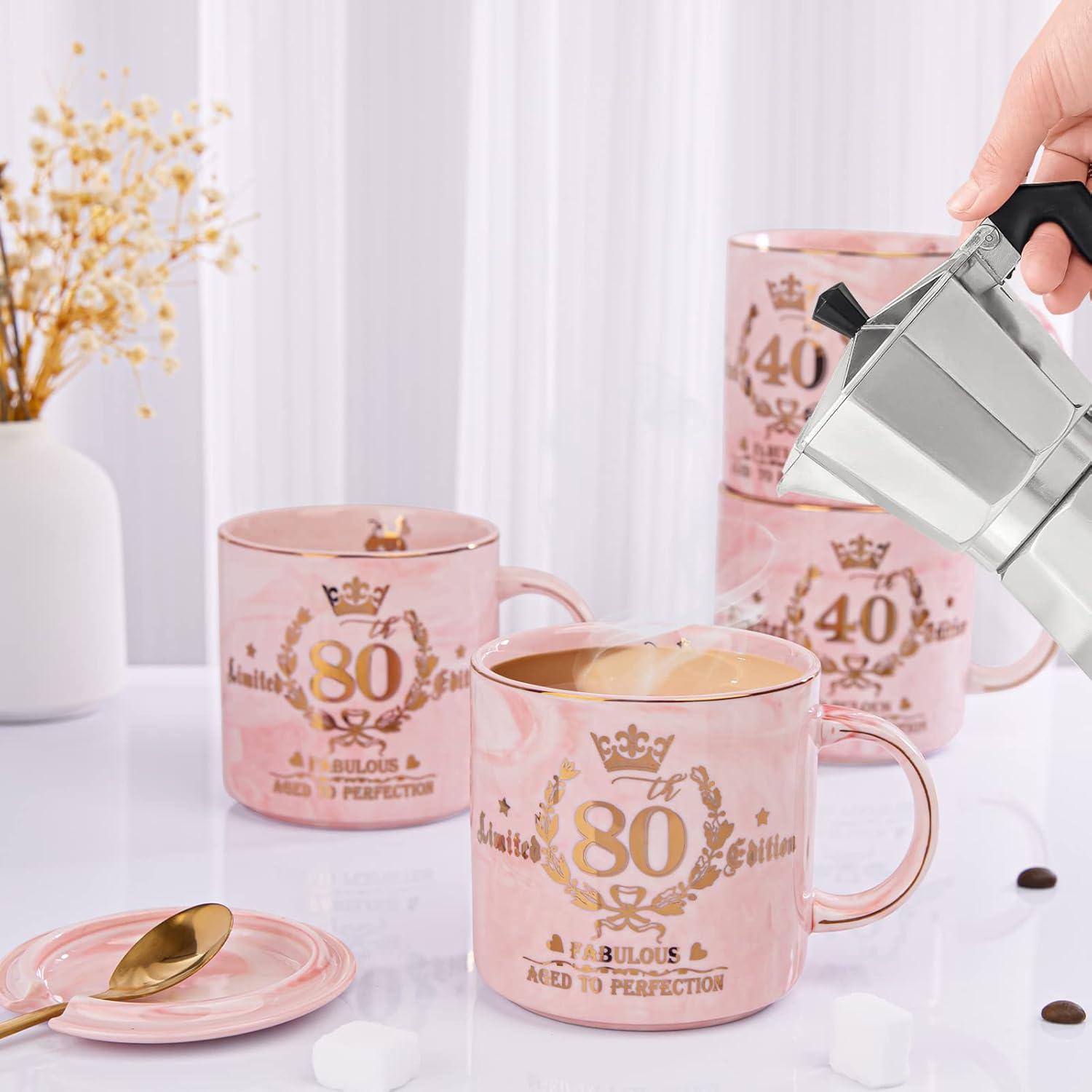 80. Geburtstag Geschenke Frauen, 14 Unzen Kaffeetasse Gold Rosa