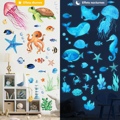 Leuchtende Unterwasserwelt Wandtattoo Meerestiere Kinderzimmer