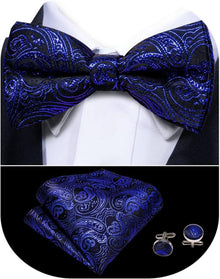 Paisley Satin Fliege Einstecktuch Manschettenknöpfe Set Vorgebunden
