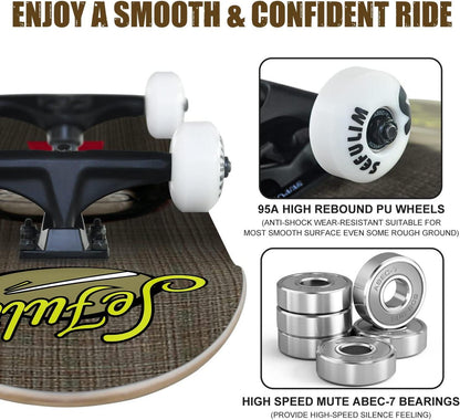 Sefulim Skateboard 78,9 x 20,3 cm Ahorn 7-lagig Doppel-Kick-Deck für Jungen Mädchen Teenager Erwachsene Anfänger