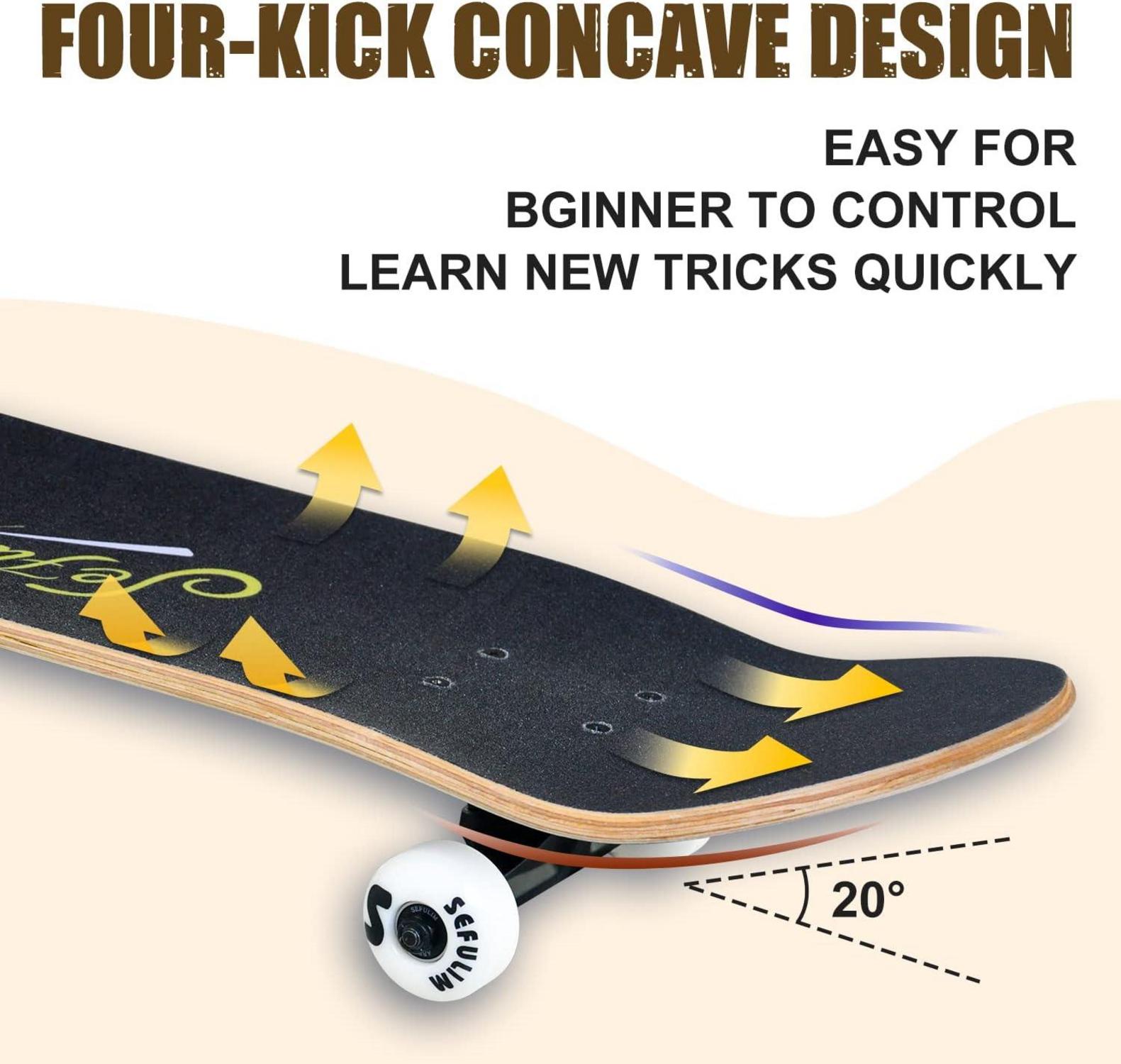 Sefulim Skateboard 78,9x20,3 cm 7-lagig kanadischer Ahorn Doppel-Kick-Deck