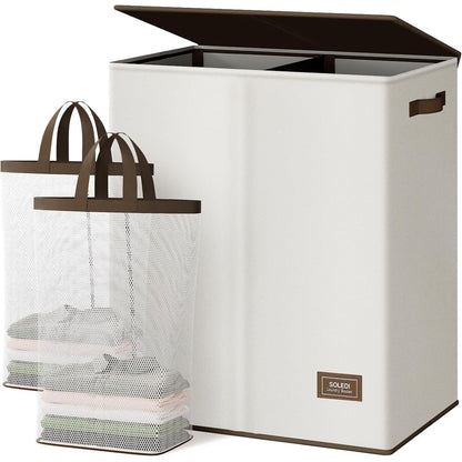 Großer Wäschekorb mit 2 Fächern und Deckel, 145L Beige