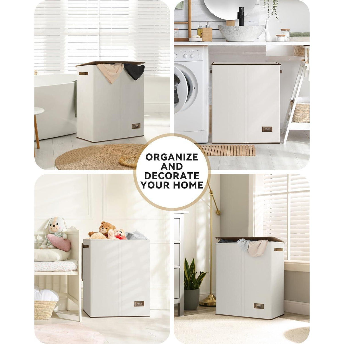 Großer Wäschekorb mit 2 Fächern und Deckel, 145L Beige