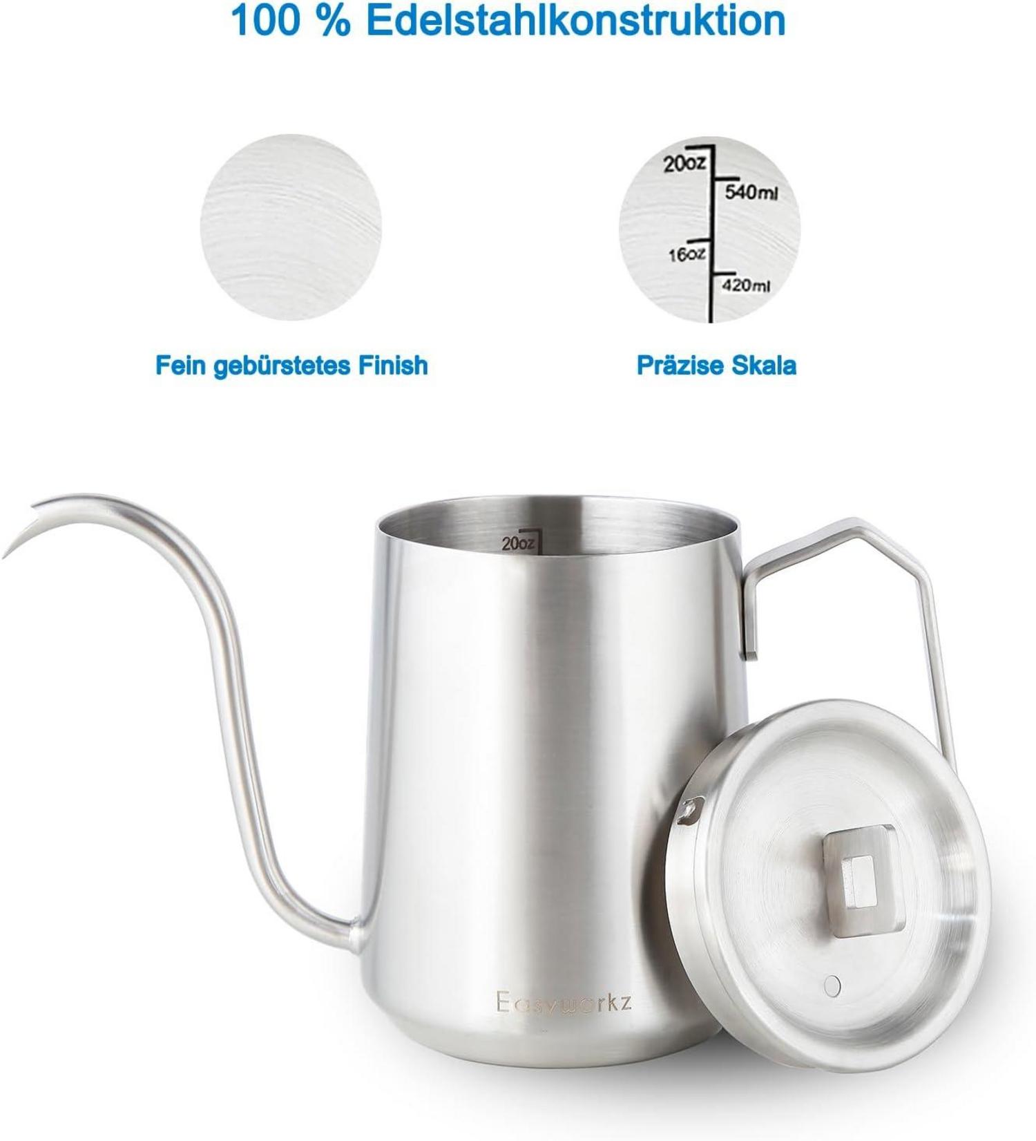 Kaffeekanne Edelstahl 600 ml Schwanenhals Handtropfen Silber