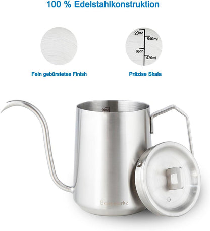 Kaffeekanne Edelstahl 600 ml Schwanenhals Handtropfen Silber