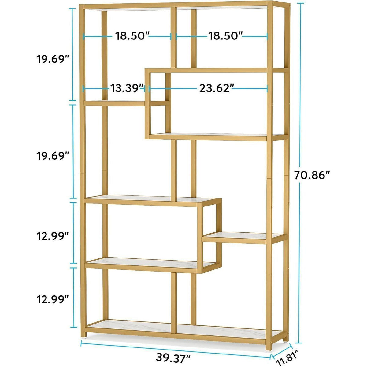 Bücherregal 180cm mit 8 Ablagen, Weiß & Gold, Modernes Design