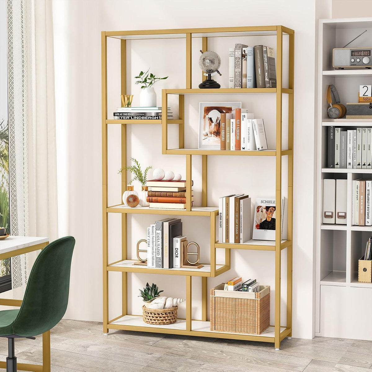 Bücherregal 180cm mit 8 Ablagen, Weiß & Gold, Modernes Design