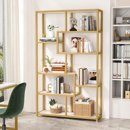 Bücherregal 180cm mit 8 Ablagen, Weiß & Gold, Modernes Design