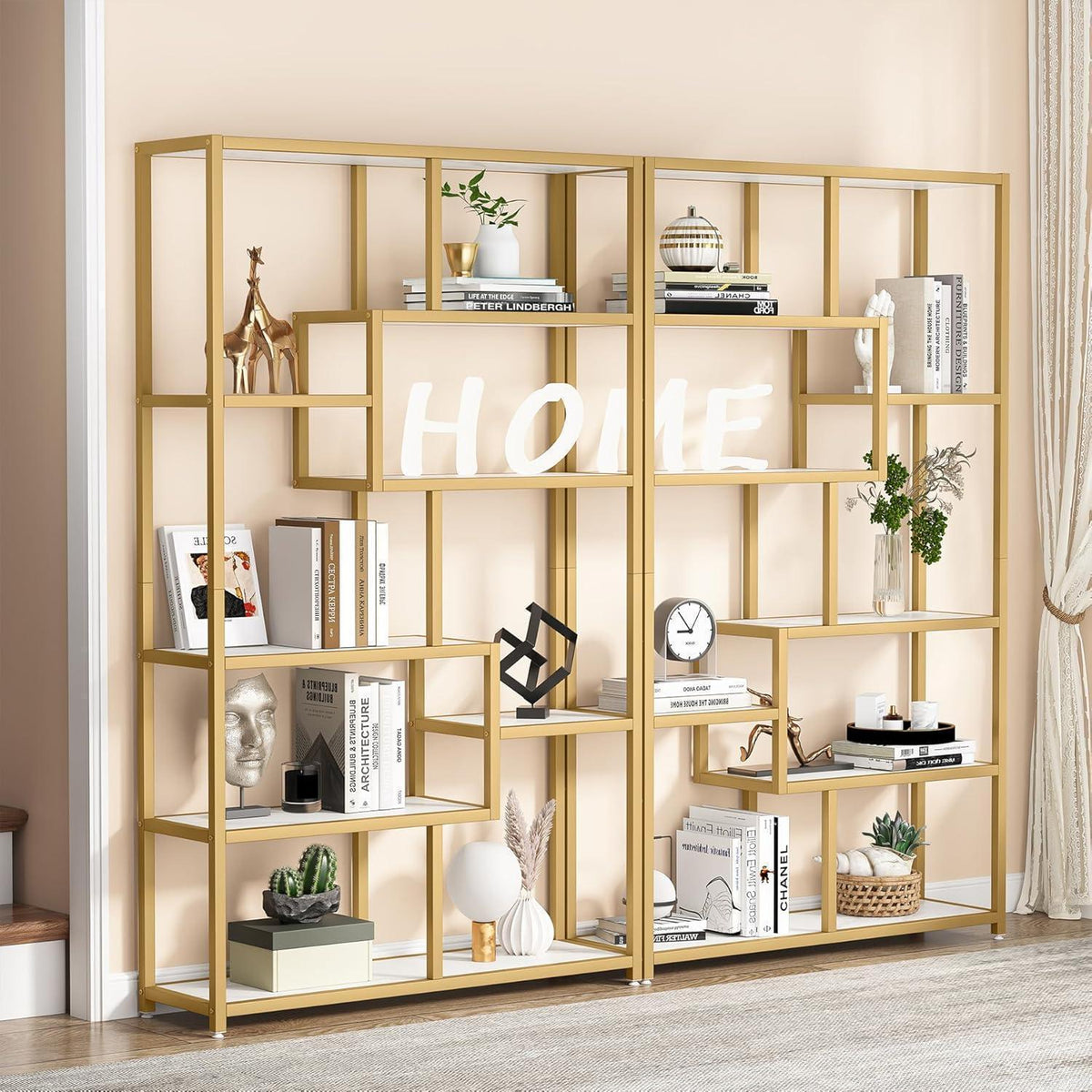 Bücherregal 180cm mit 8 Ablagen, Weiß & Gold, Modernes Design