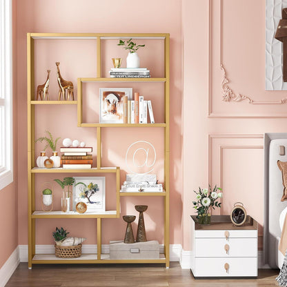 Bücherregal 180cm mit 8 Ablagen, Weiß & Gold, Modernes Design