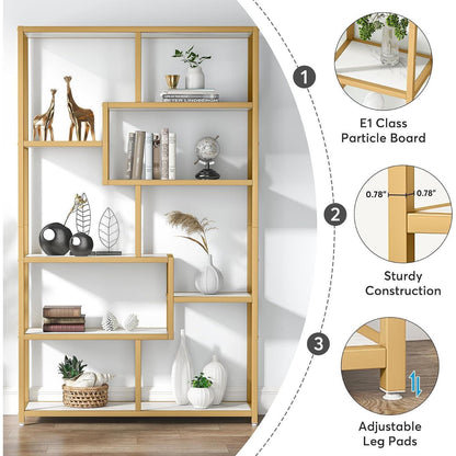 Bücherregal 180cm mit 8 Ablagen, Weiß & Gold, Modernes Design