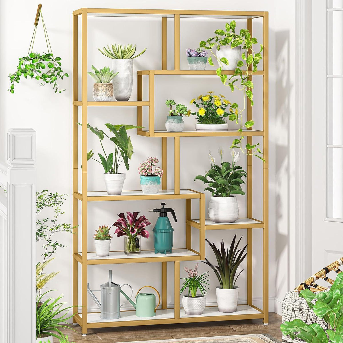 Bücherregal 180cm mit 8 Ablagen, Weiß & Gold, Modernes Design