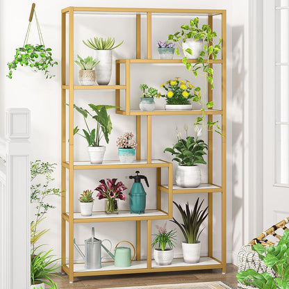 Bücherregal 180cm mit 8 Ablagen, Weiß & Gold, Modernes Design
