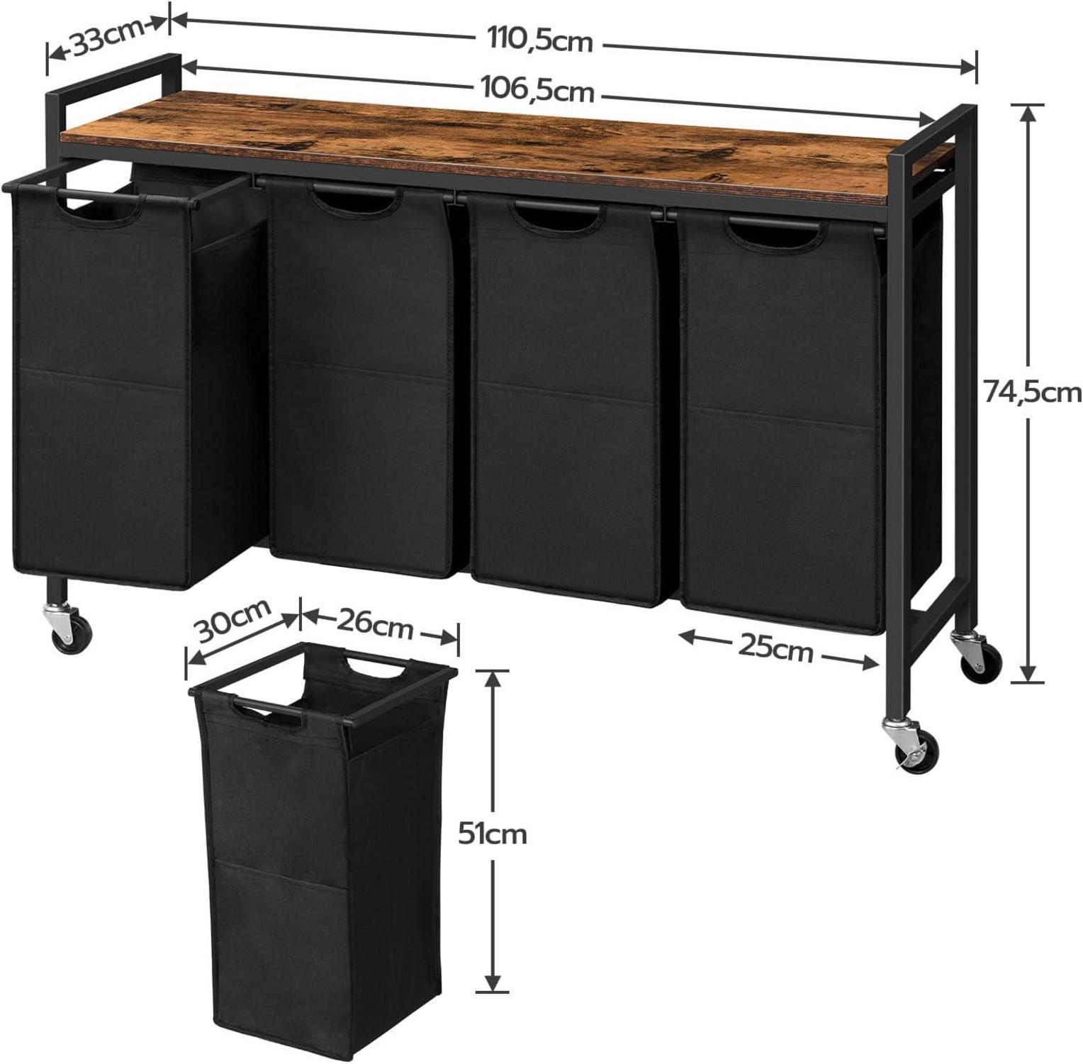 Wäschekorb mit Ablage und Rollen, Wäschesammler 4x39,8L