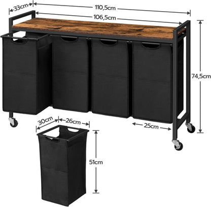 Wäschekorb mit Ablage und Rollen, Wäschesammler 4x39,8L