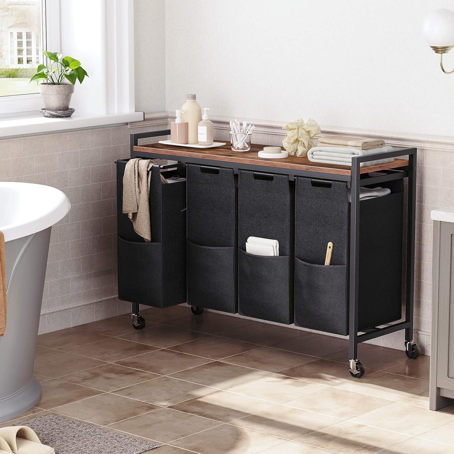 Wäschekorb mit Ablage und Rollen 4 x 39,8 L Oxford-Gewebe Dunkelbraun Schwarz