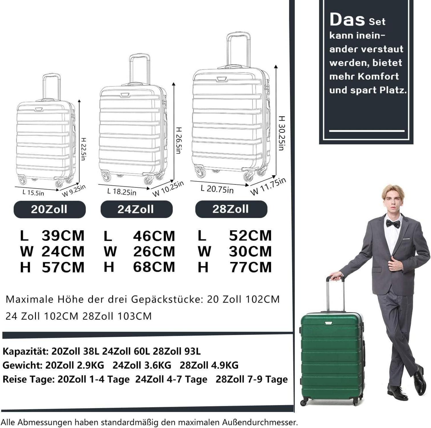 Hartschalen-Koffer Set 3-teilig Rollkoffer TSA-Schloss 4 Rollen