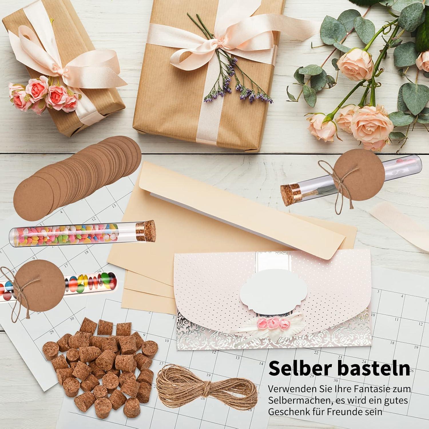 100 Reagenzgläser mit Korken, Kraftpapieranhänger, Hanfseil, Trichter