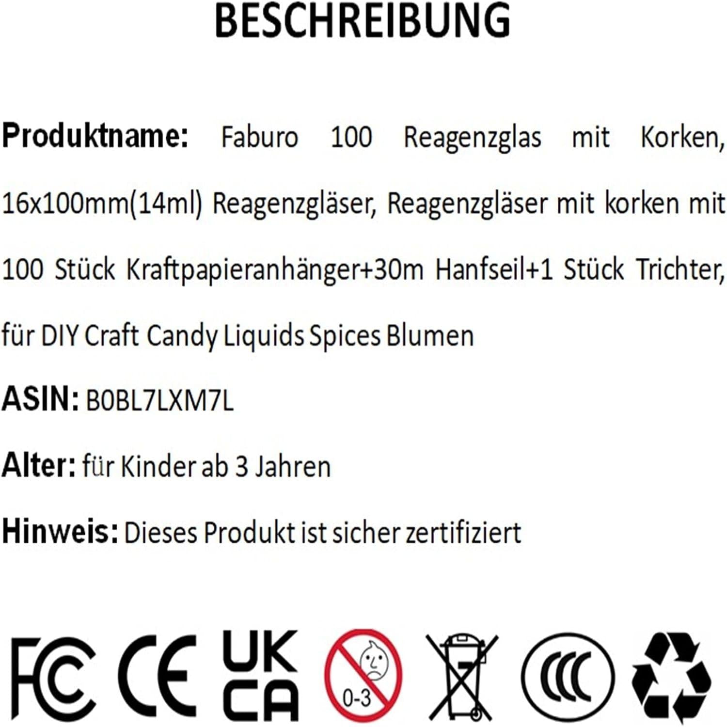 100 Reagenzgläser mit Korken, Kraftpapieranhänger, Hanfseil, Trichter