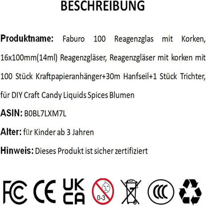 100 Reagenzgläser mit Korken, Kraftpapieranhänger, Hanfseil, Trichter