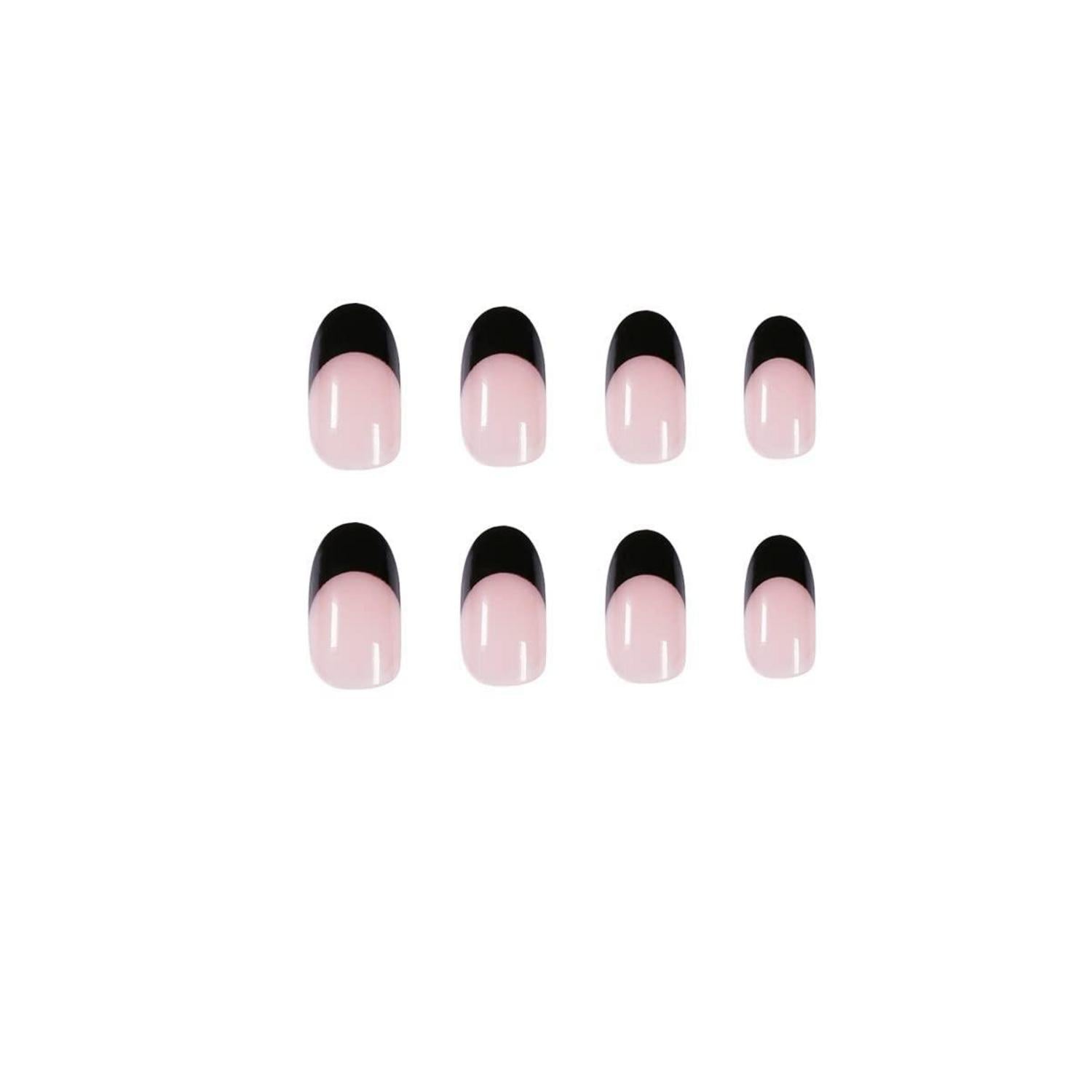 24 Stück Schwarze Künstliche Kurze Mandel Nägel Glossy Nude Oval Press
