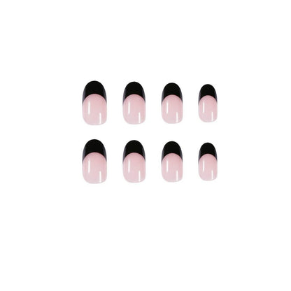 24 Stück Schwarze Künstliche Kurze Mandel Nägel Glossy Nude Oval Press