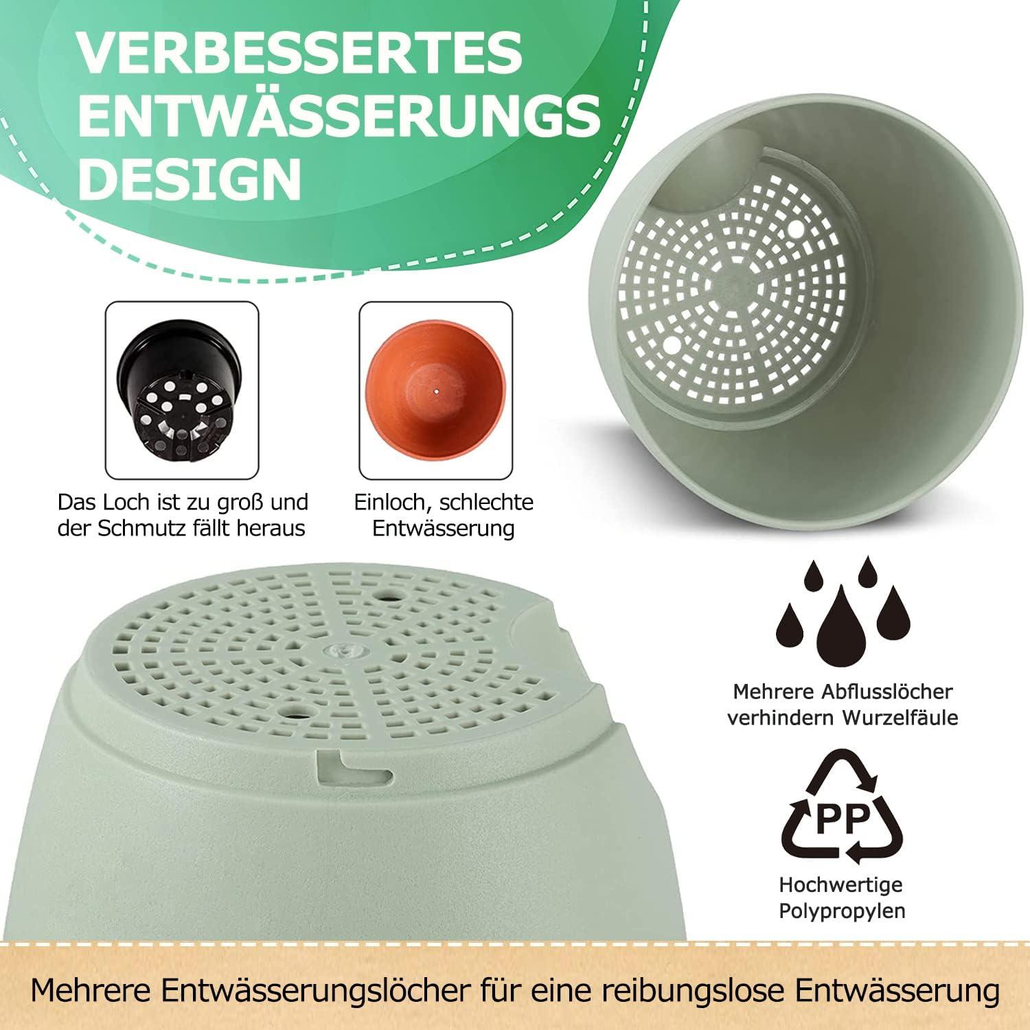 6er-Set Kunststoff Blumentopf mit Untersetzer, Selbstbewässerung, Grün