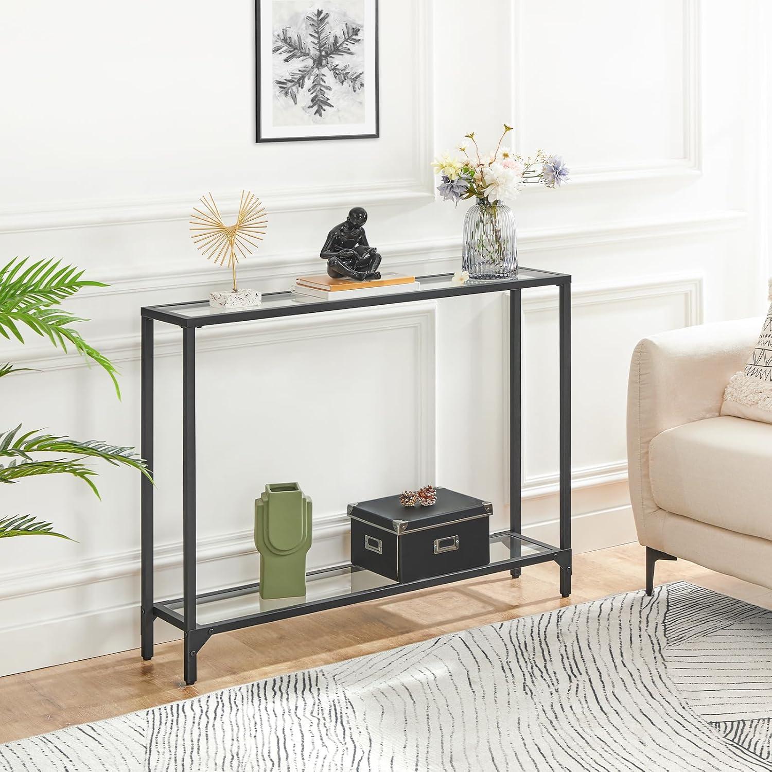 Konsolentisch 100cm Hartglas Schwarz Metallgestell Ablagen