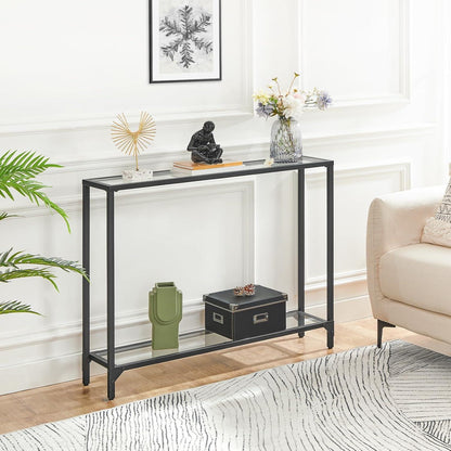 Konsolentisch 100cm Hartglas Schwarz Metallgestell Ablagen