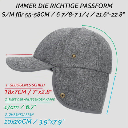 Winter Basecap mit Ohrenklappen Grau, warm gefüttert